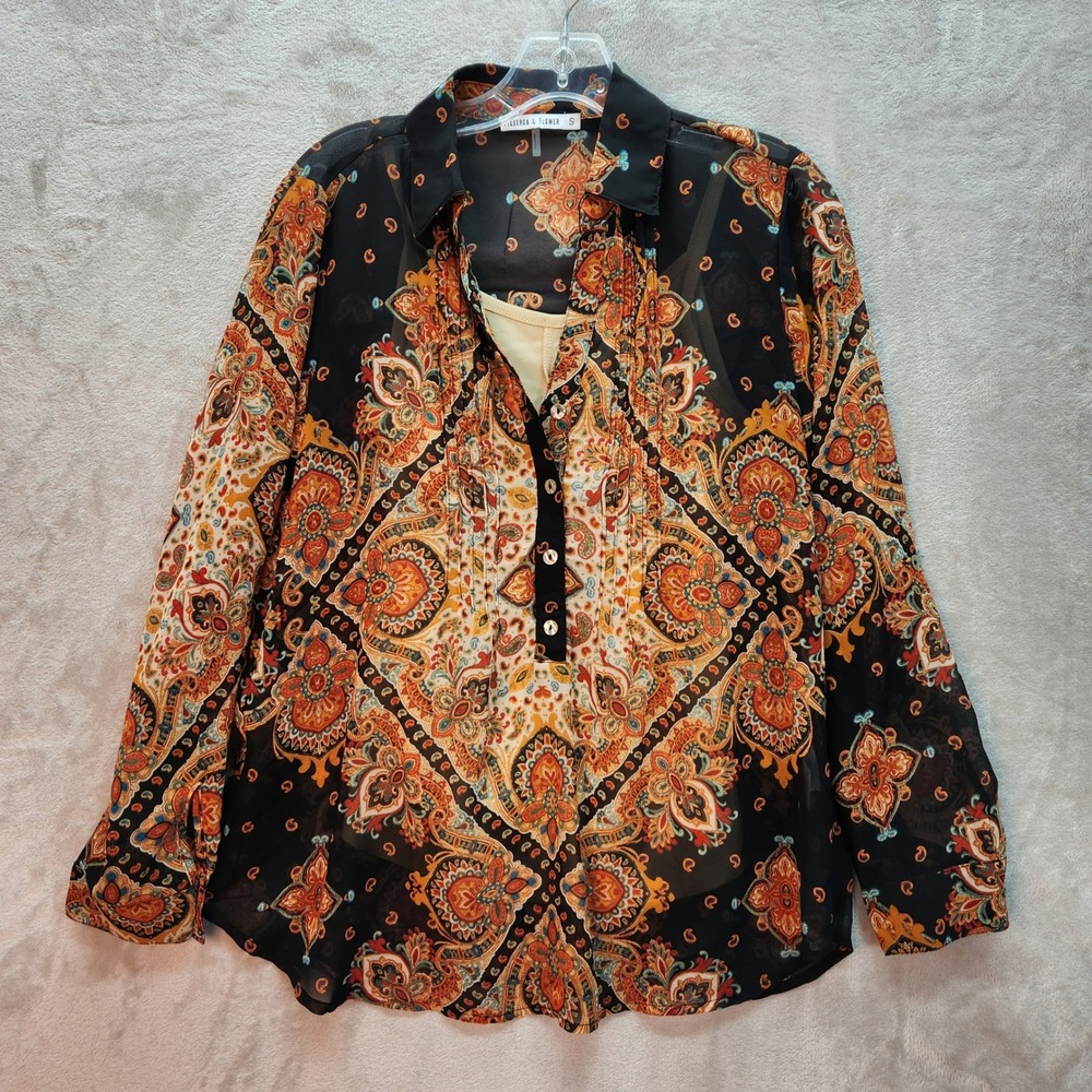 Figueroa & Flower Womens 1X Black Paisley Sheer Long Sleeve Button Up Blouse Top